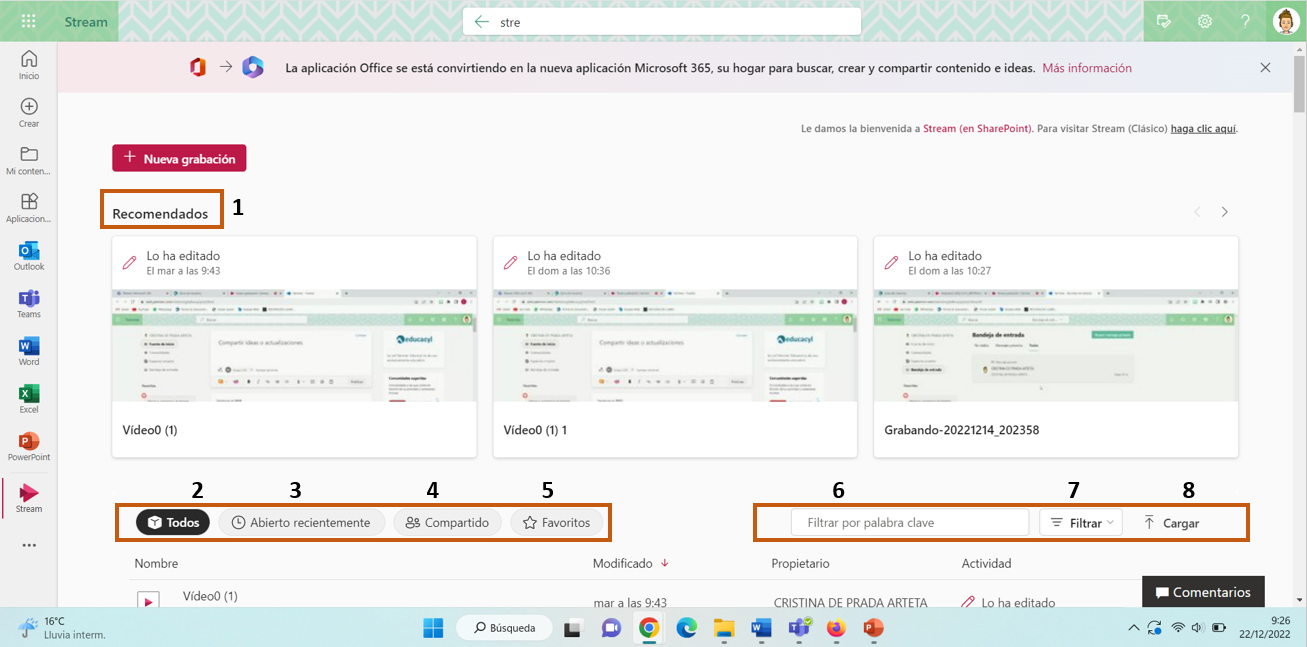 Captura de pantalla que señaliza las secciones de Stram