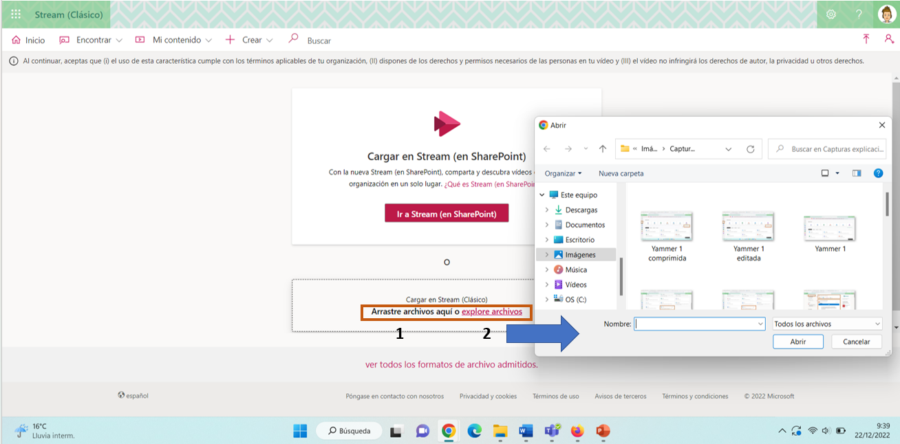 Visualización de la pantalla de Stream para cargar contenido