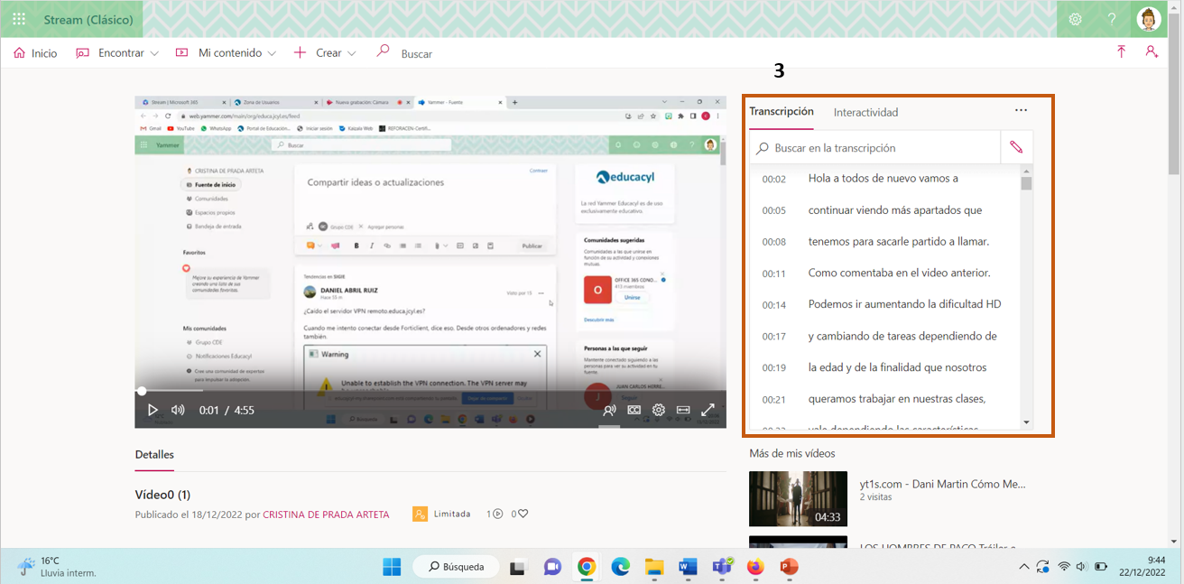 Vista previa del contenido cargado y de la transcripción del mismo