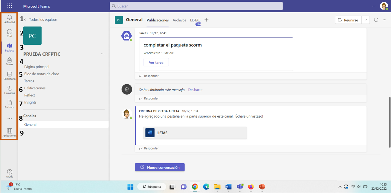 Captura con numeración de las opciones del menú vertical de Teams