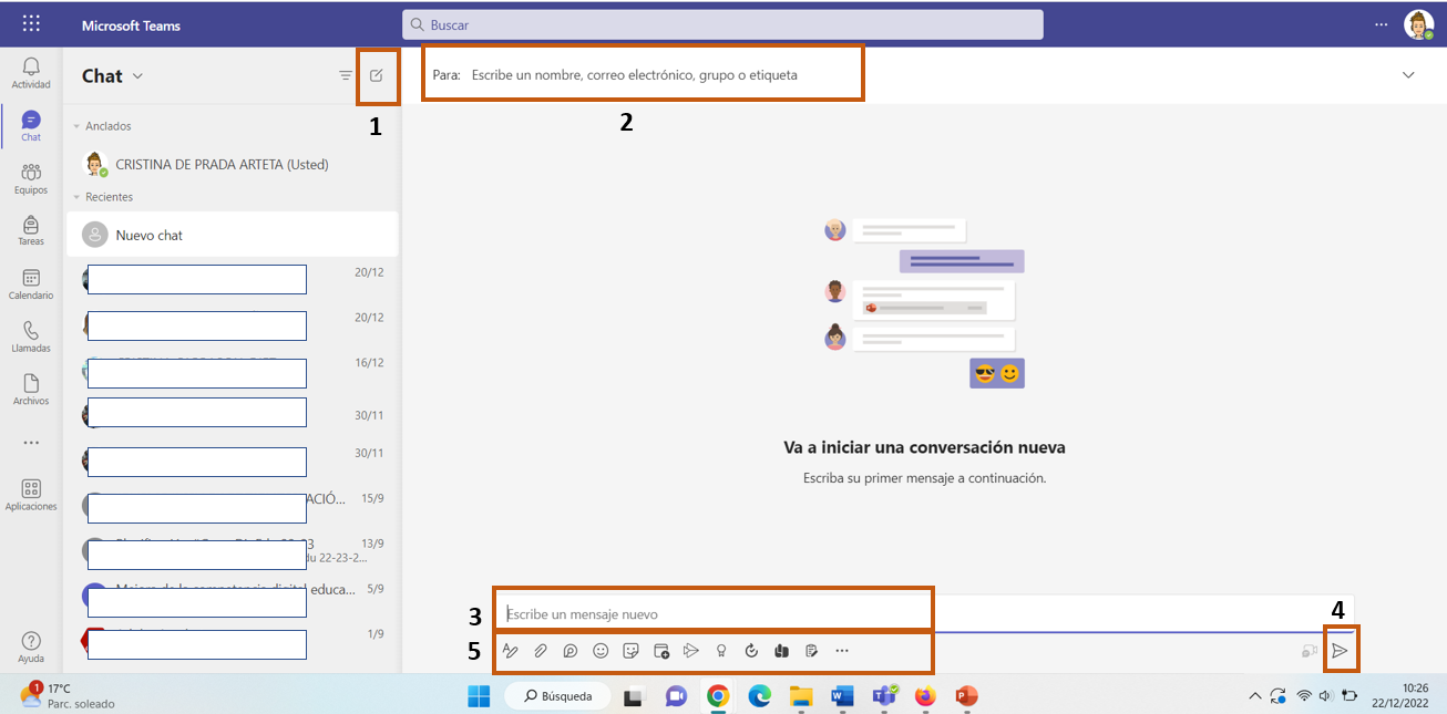Captura numerada de los pasos a seguir para inicial un chat nuevo