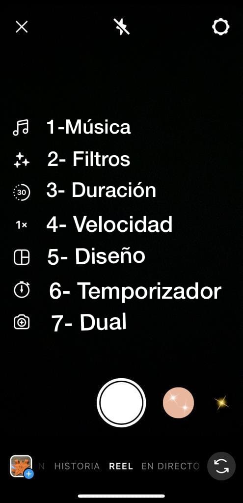 Numeración de las opciones para hacer un reel