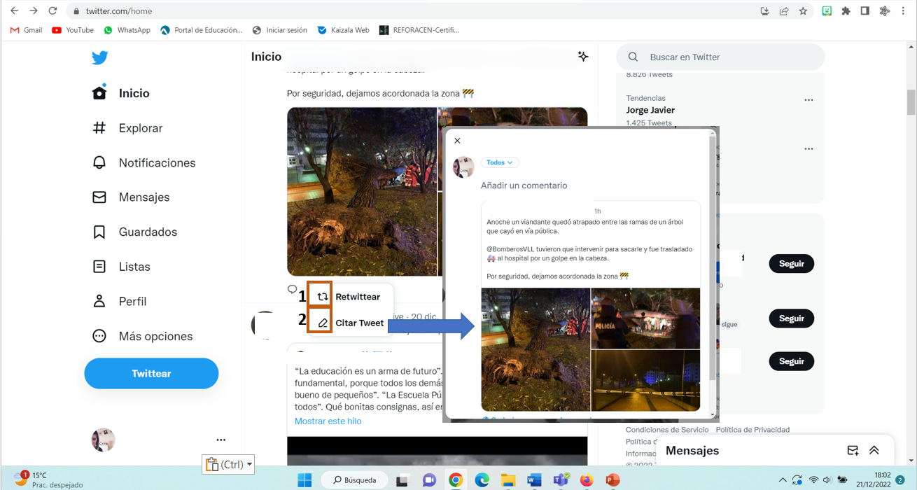 Captura numerada para retuitear y citar un tuit