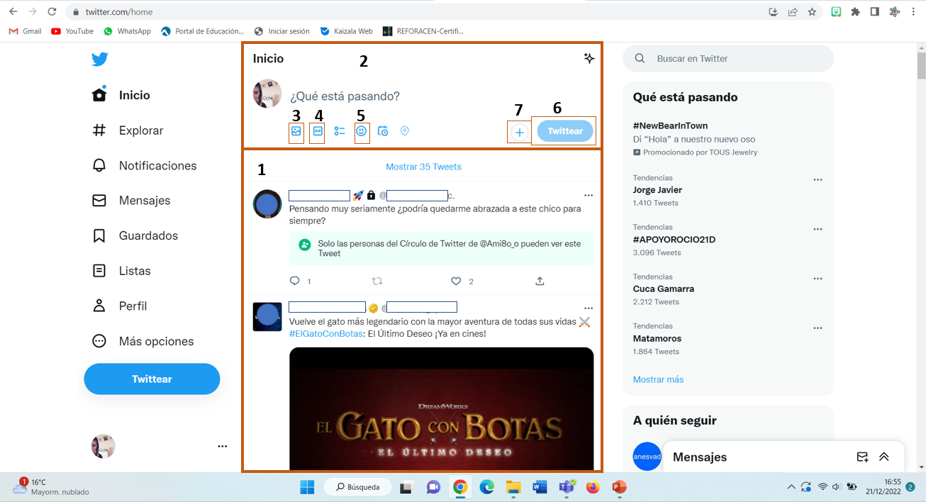 Captura de pantalla numerada con los pasos para hacer una publicación.