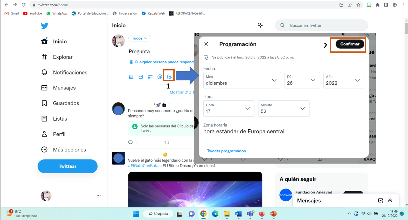 Captura numerada con los pasos para programar una publicación