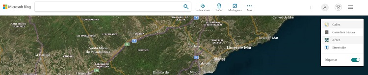 Captura Bing maps Captura de pantalla de Bing maps con las distintas visiones del mapa.