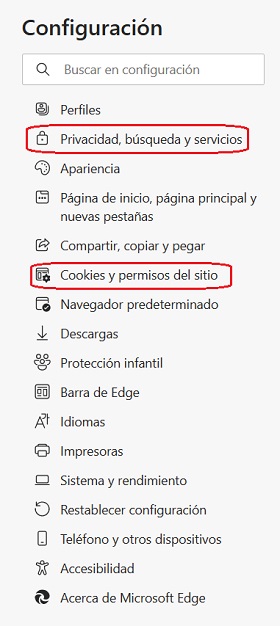 Captura de pantalla de la configuración de Microsoft Edge