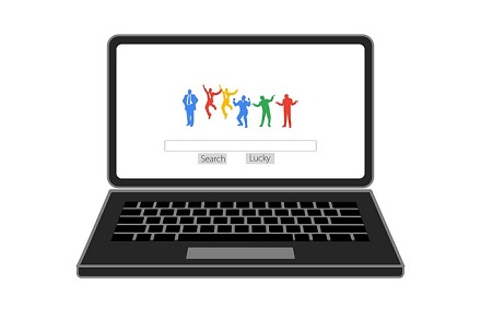 Pantalla de ordenador dibujada con figuras humanas sobre barra de buscador
