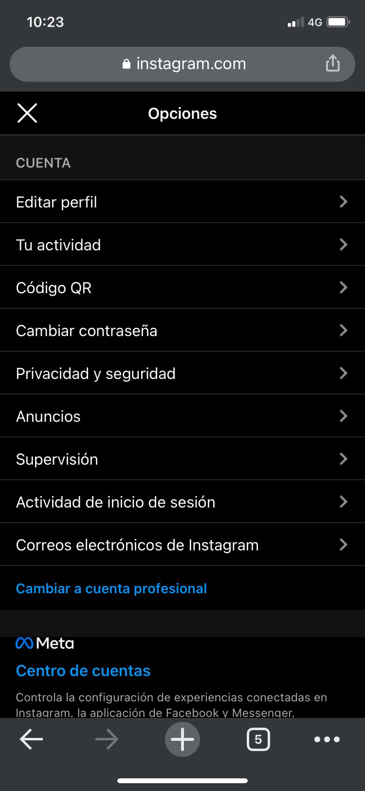 Captura de pantalla del menú de Instagram