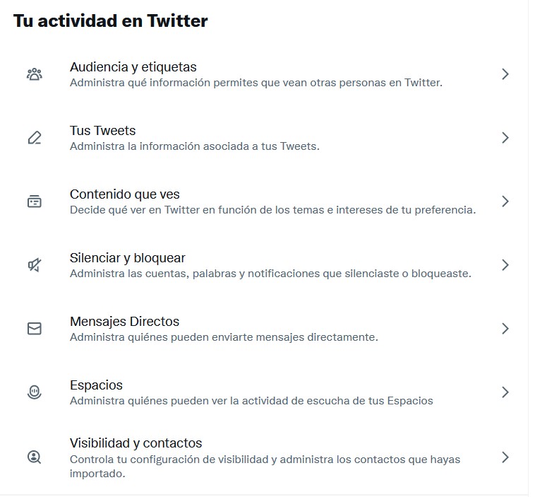 Captura de pantalla del Menú de privacidad de Twitter