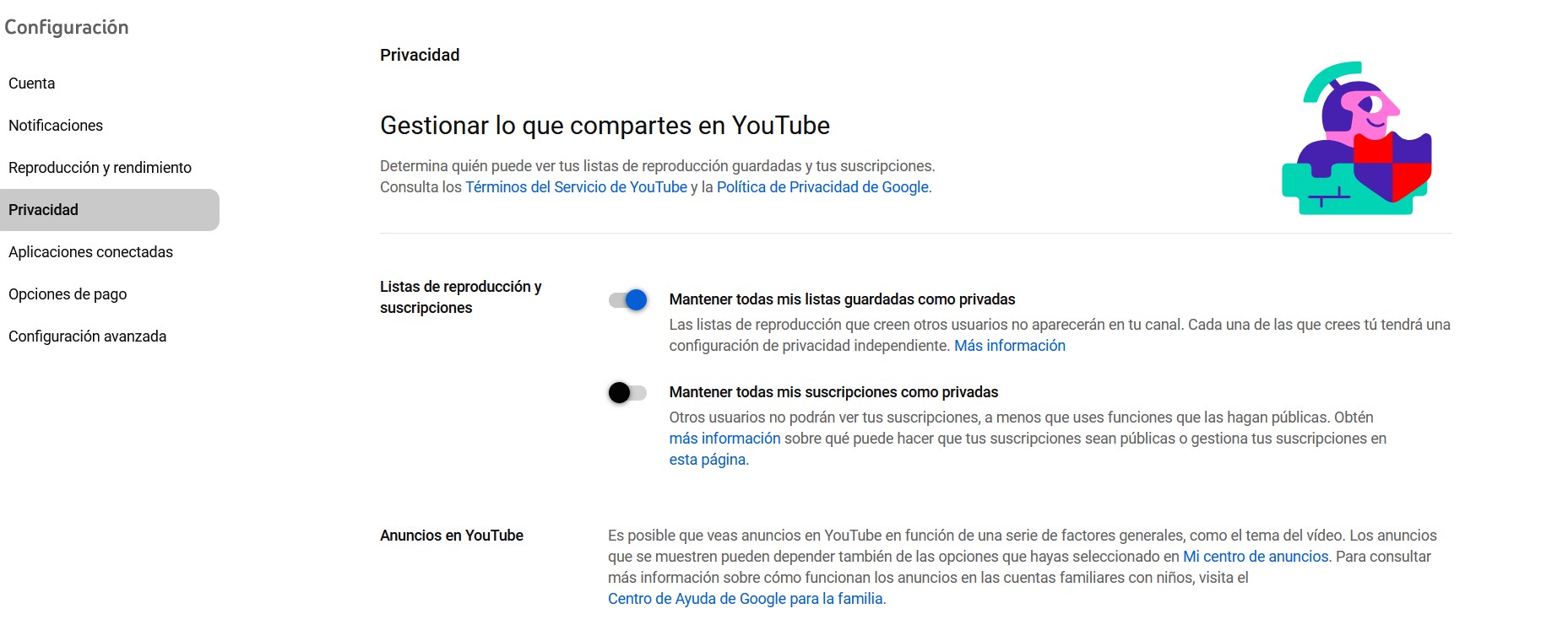 Captura de pantalla de la Privacidad en YouTube