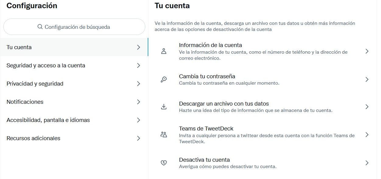 Captura de pantalla de la Privacidad y seguridad enTwitter