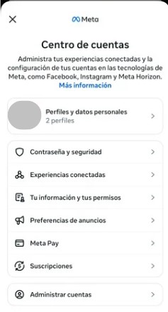 Captura de pantalla del centro de cuentas en Instagram