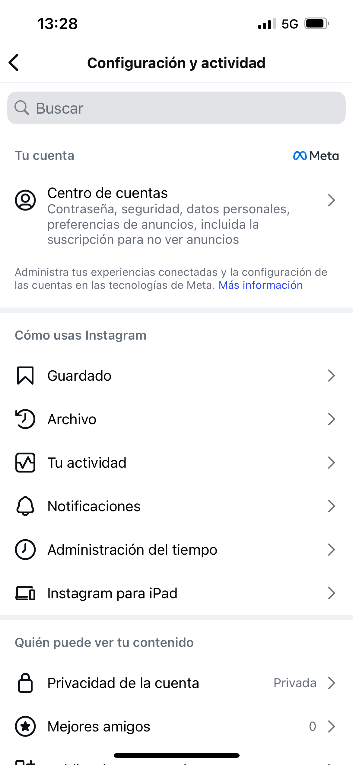 Captura de pantalla del menú de Instagram