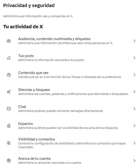Captura de pantalla del menú de Privacidad y Seguridad