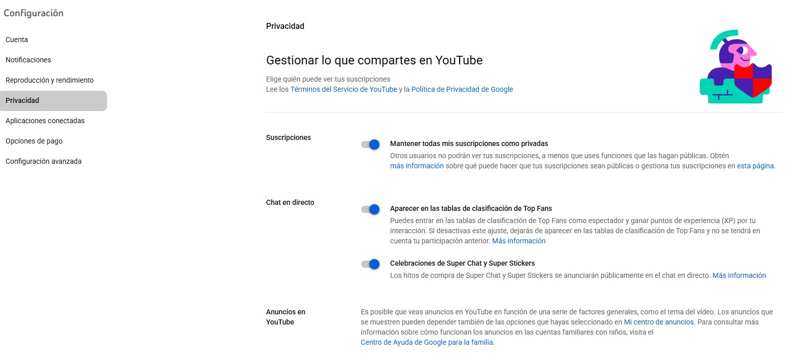 Captura de pantalla de la configuración de privacidad en Youtube