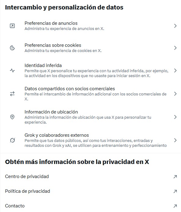 Captura de pantalla del Menú de privacidad de Twitter