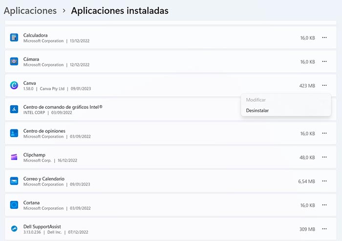 Captura de pantalla de desinstalación