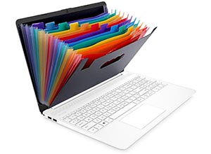 Ordenador portatil de cuya pantalla sale una carpeta clasificadora
