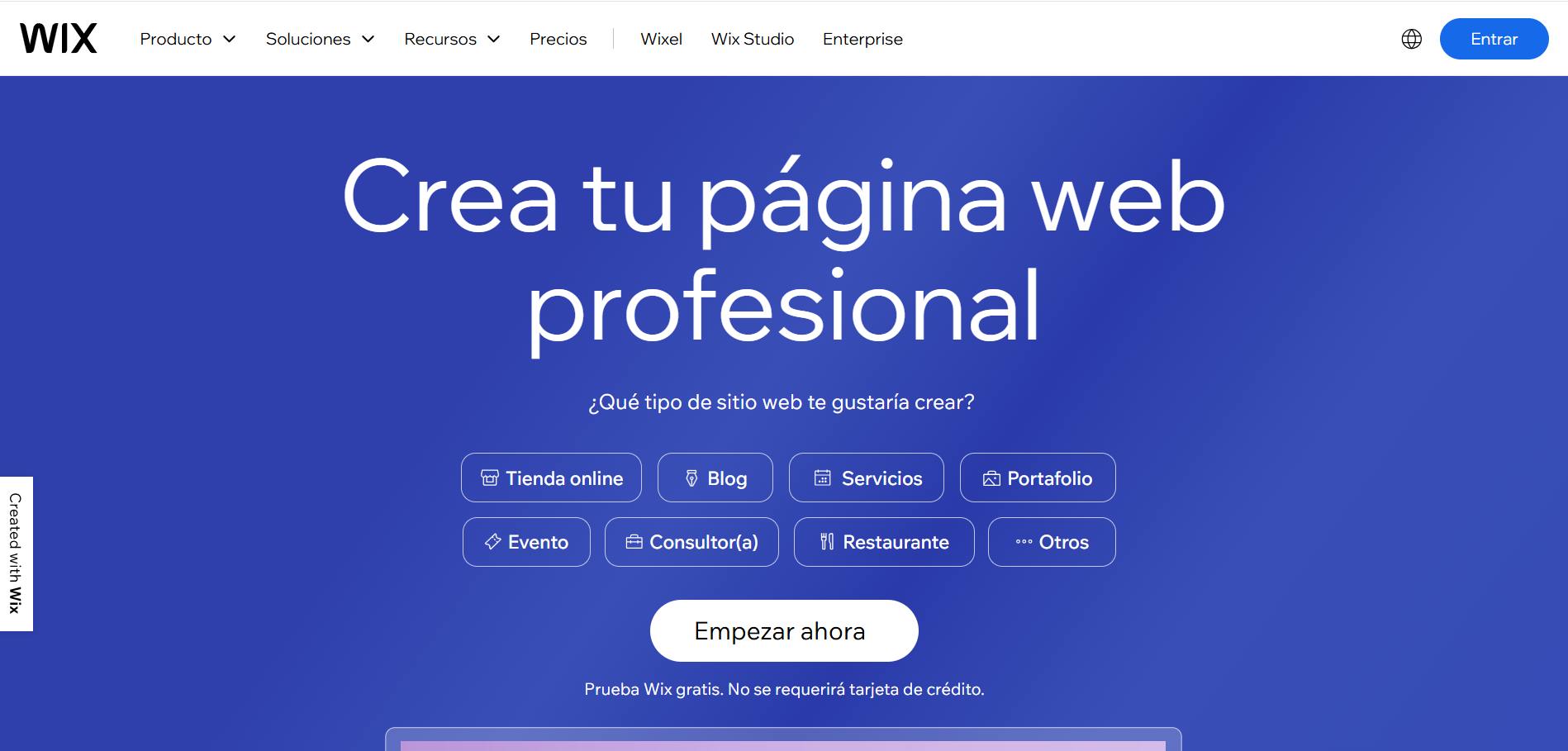 Captura de pantalla de la interfaz de Wix