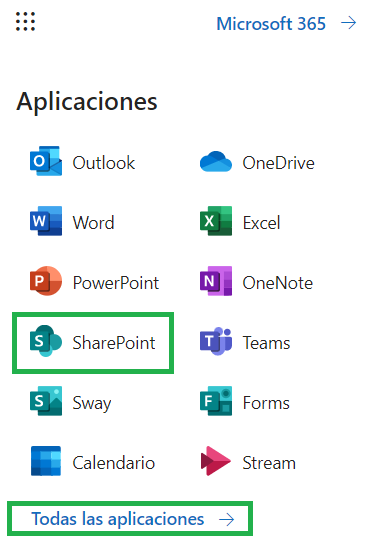 Captura de pantalla de las aplicaciones de Microsoft 365