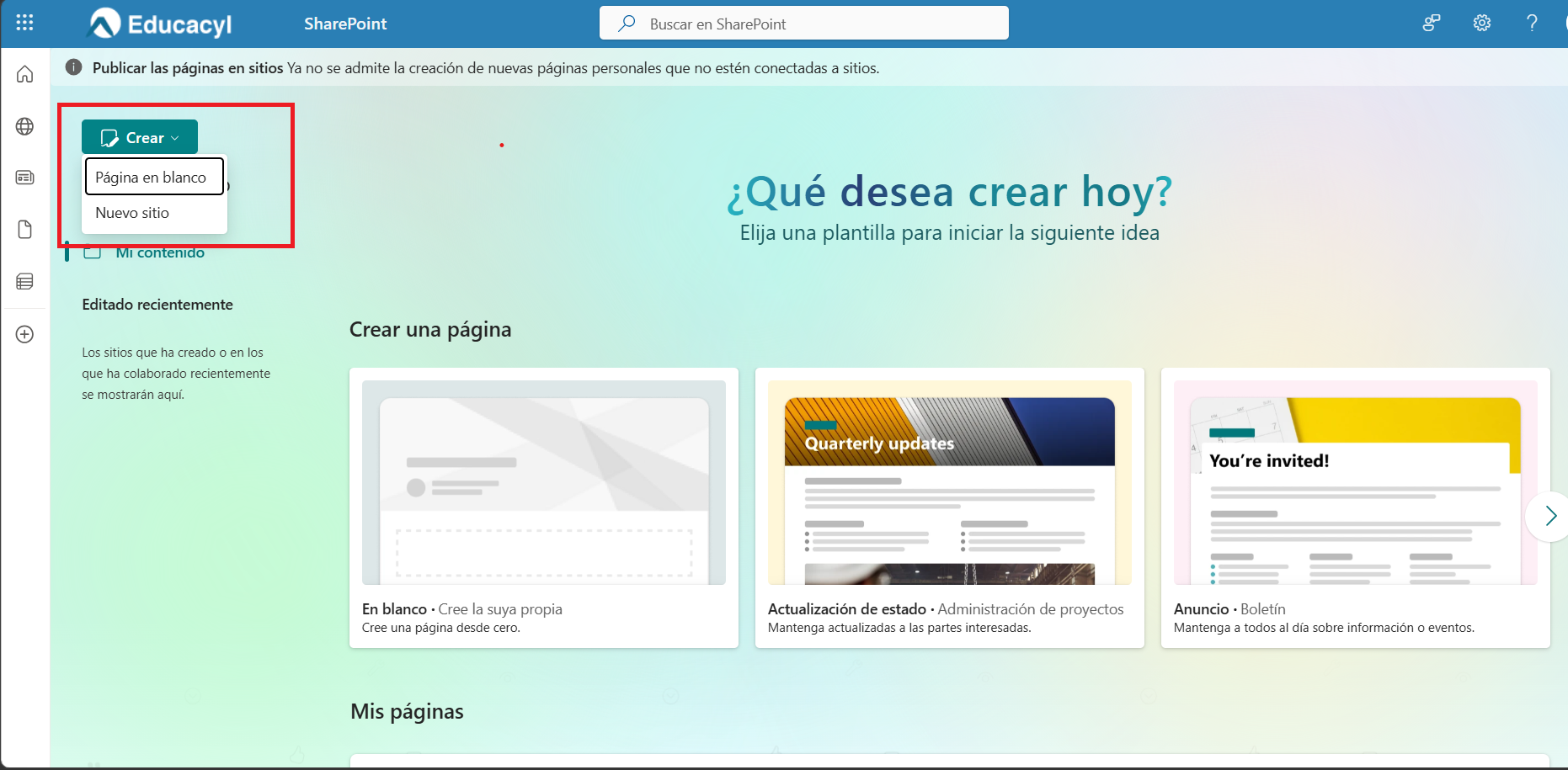 Captura de pantalla de SharePoint