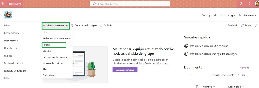 Captura de pantalla de SharePoint