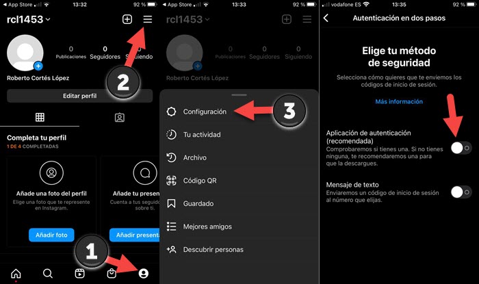 Autenticación de doble factor en Instagram