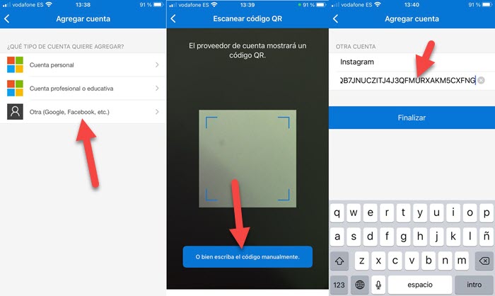 Crea la cuenta de Instagram en Authenticator