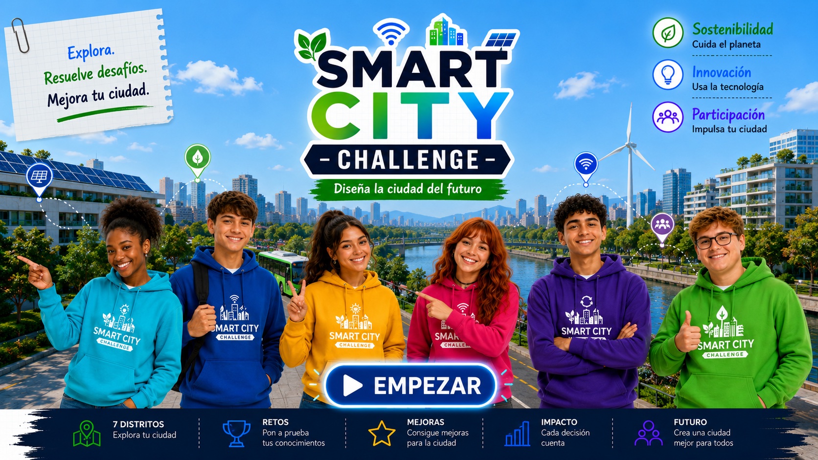 Smart City Challenge · Diseña la ciudad del futuro. Explora 7 distritos, supera retos, consigue mejoras y crea una ciudad mejor para todos. Botón: Empezar.