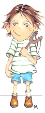 Dibujo de un niño con un tirachinas. Es el personaje que identifica el concurso.
