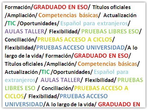 Formación/GRADUADO EN ESO/ Títulos oficiales /Ampliación/ Competencias básicas/ Actualización /TIC /Oportunidades/ Español para extranjeros/ AULAS TALLER/ Flexibilidad/ PRUEBAS LIBRES ESO/ Conciliación/PRUEBAS ACCESO A CICLOS/ Flexibilidad/PRUEBAS ACCESO